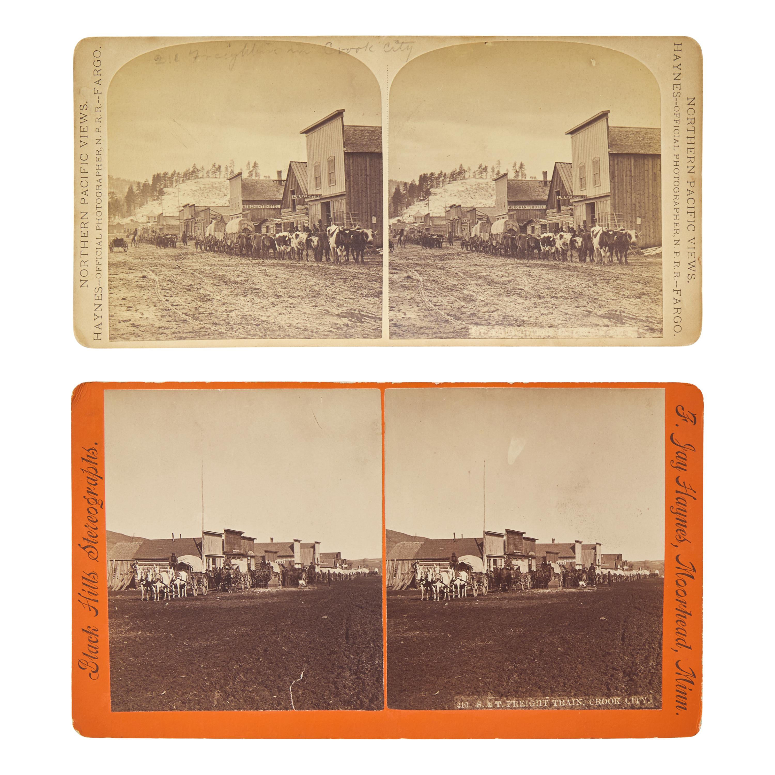 [Americana] Haynes, F. Jay. Two Stereoviews of Bull Trains in Crook City, South Dakota