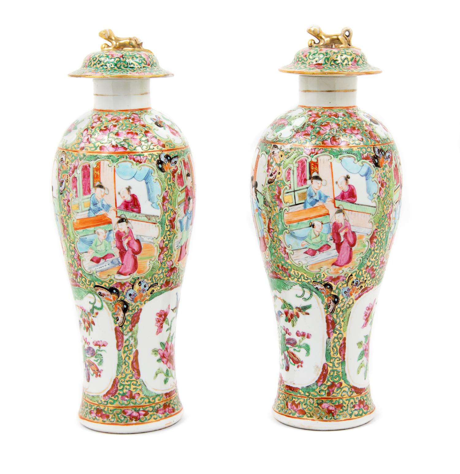 A Pair of Chinese Export Rose Medallion Porcelain Covered Vases Height of each 12 1/4 inches. — 19TH CENTURY