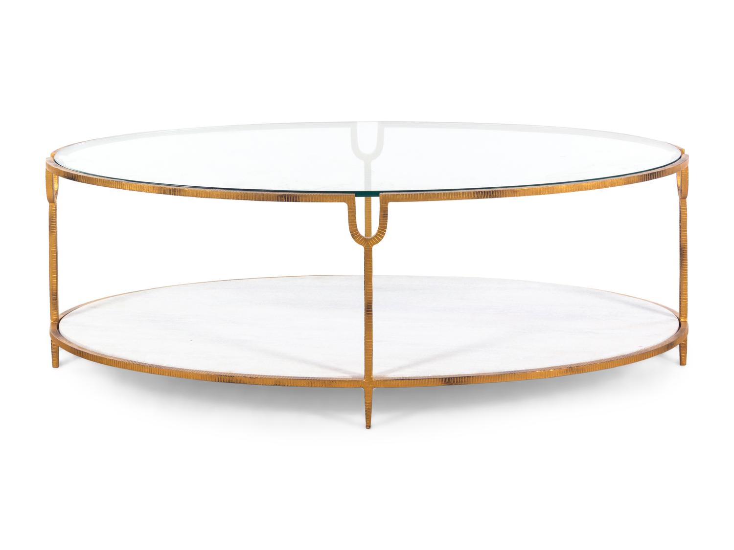 A Contemporary Gilt Metal, Stone and Glass Cocktail Table