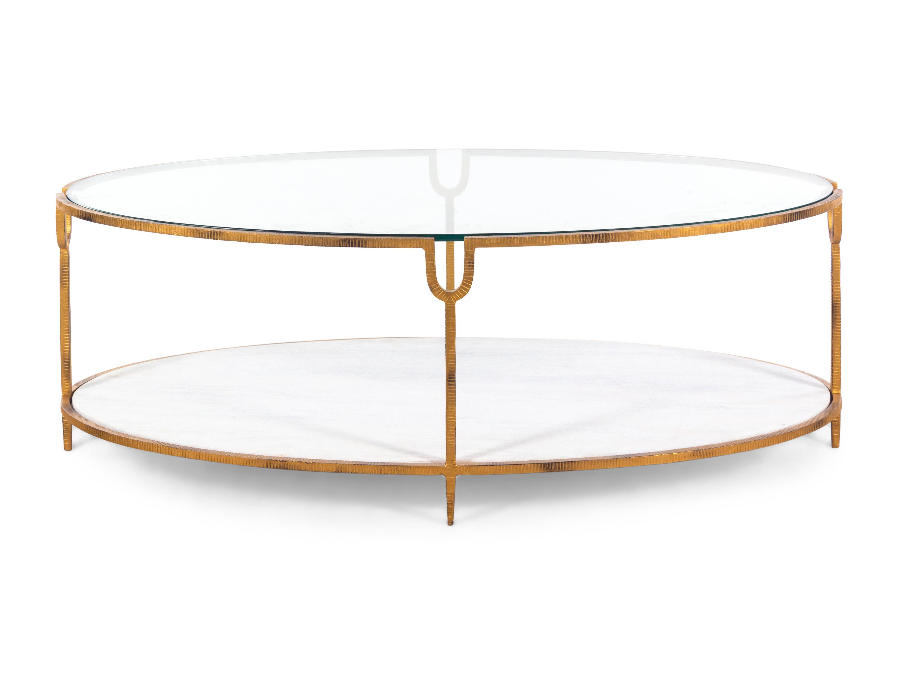 A Contemporary Gilt Metal, Stone and Glass Cocktail Table