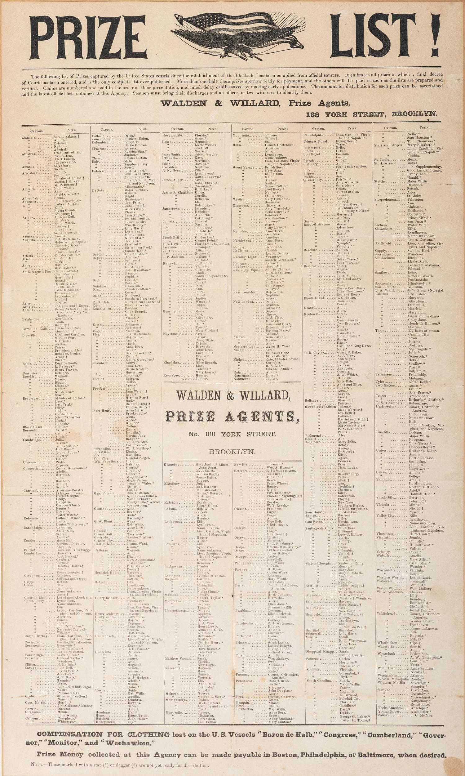 [CIVIL WAR]. Prize List!...Walden & Willard, Prize Agents. [New York?]: N.p., n.d.