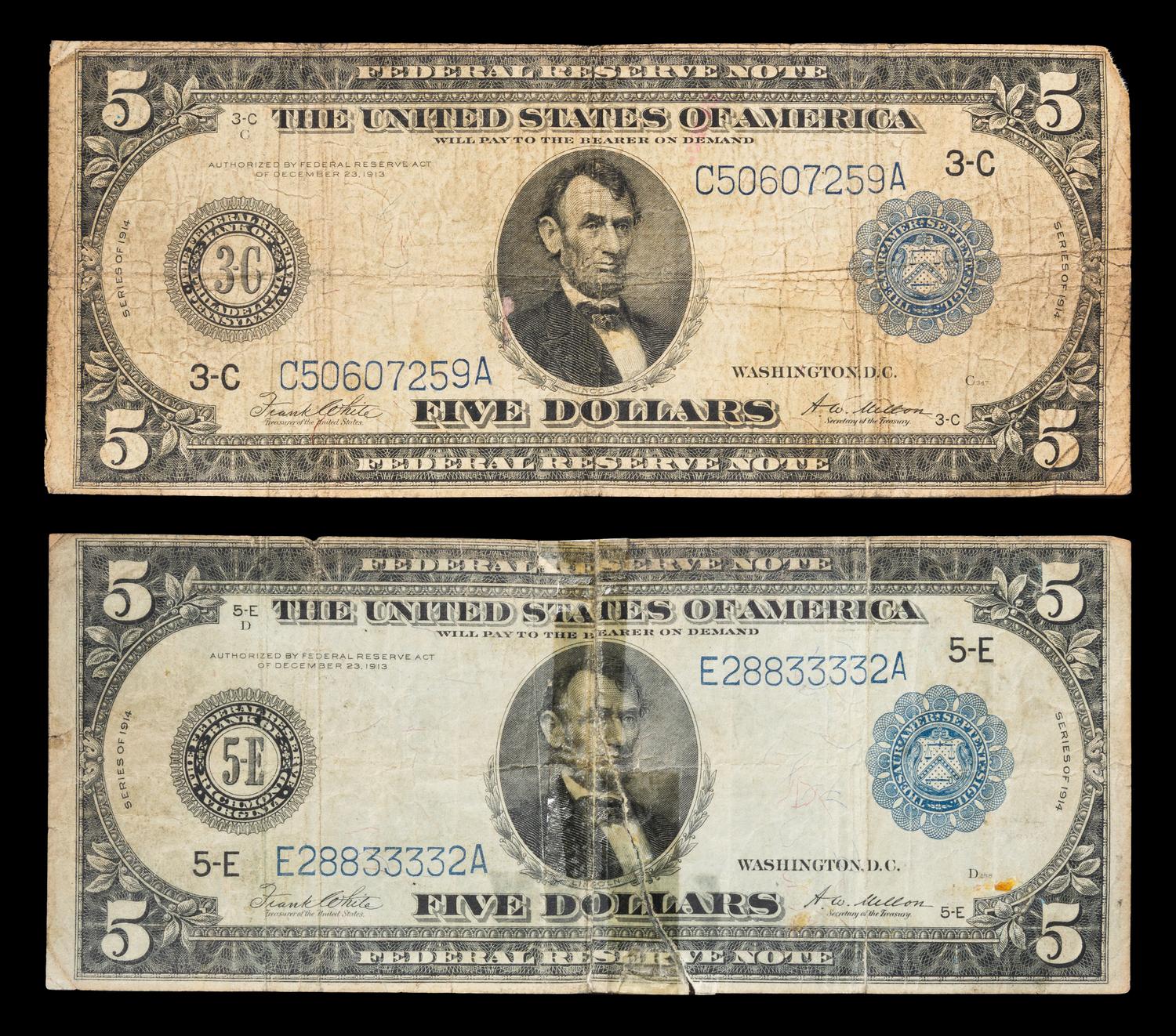 Two United States Series 1914 $5 Federal Reserve Notes
