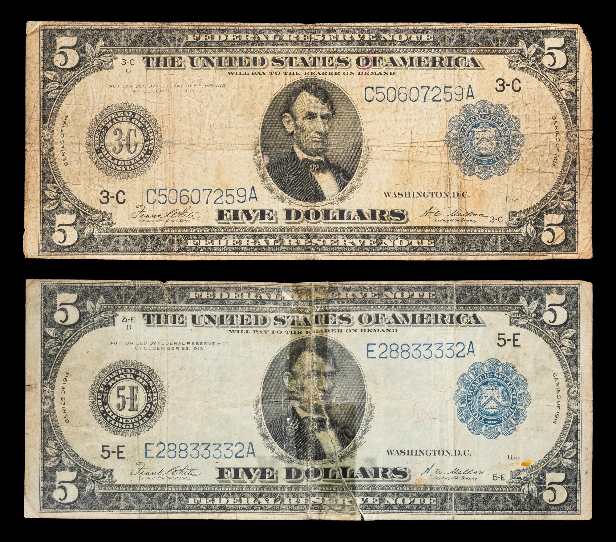 Two United States Series 1914 $5 Federal Reserve Notes