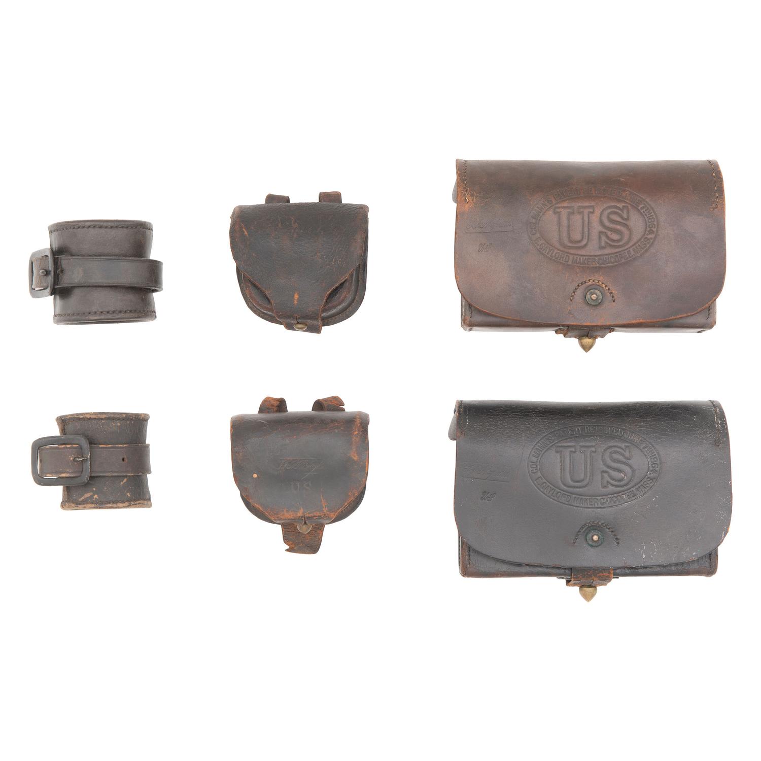 Group of Civil War Era Accoutrements: 2 Mann's Patent Cartridge Boxes, 2 Cap Pouches and 2 Carbine Socekts