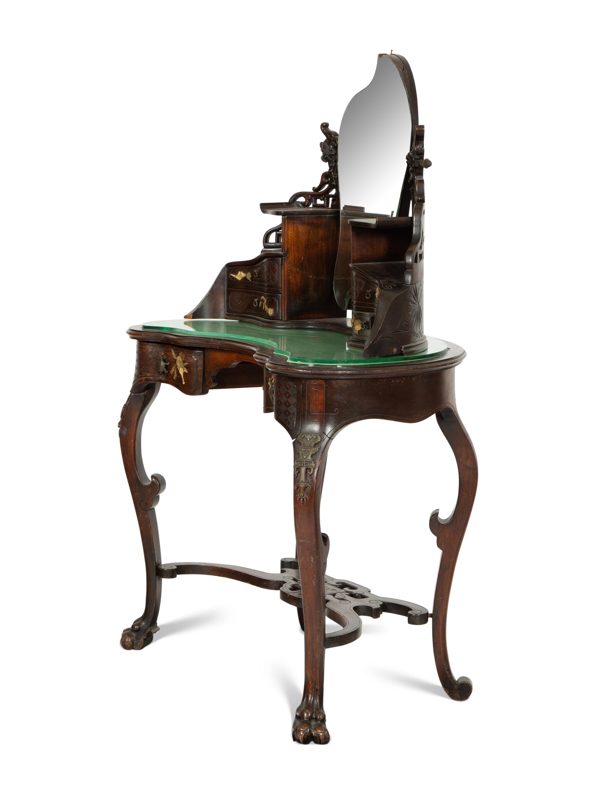 A Japanese Gilt Metal and Hardstone-Mounted Hardwood Dressing Table Mirror and A Stool