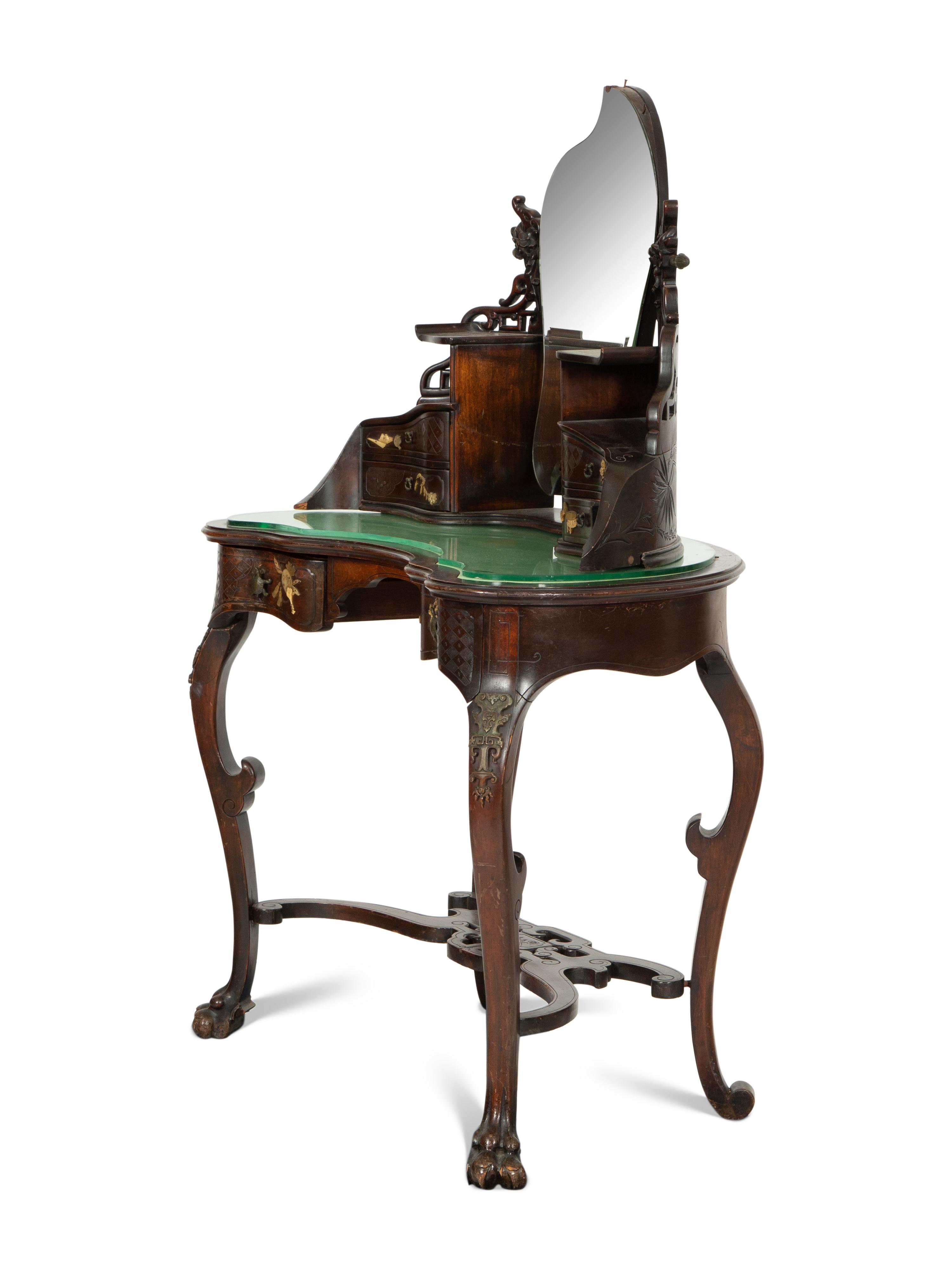 A Japanese Gilt Metal and Hardstone-Mounted Hardwood Dressing Table Mirror and A Stool