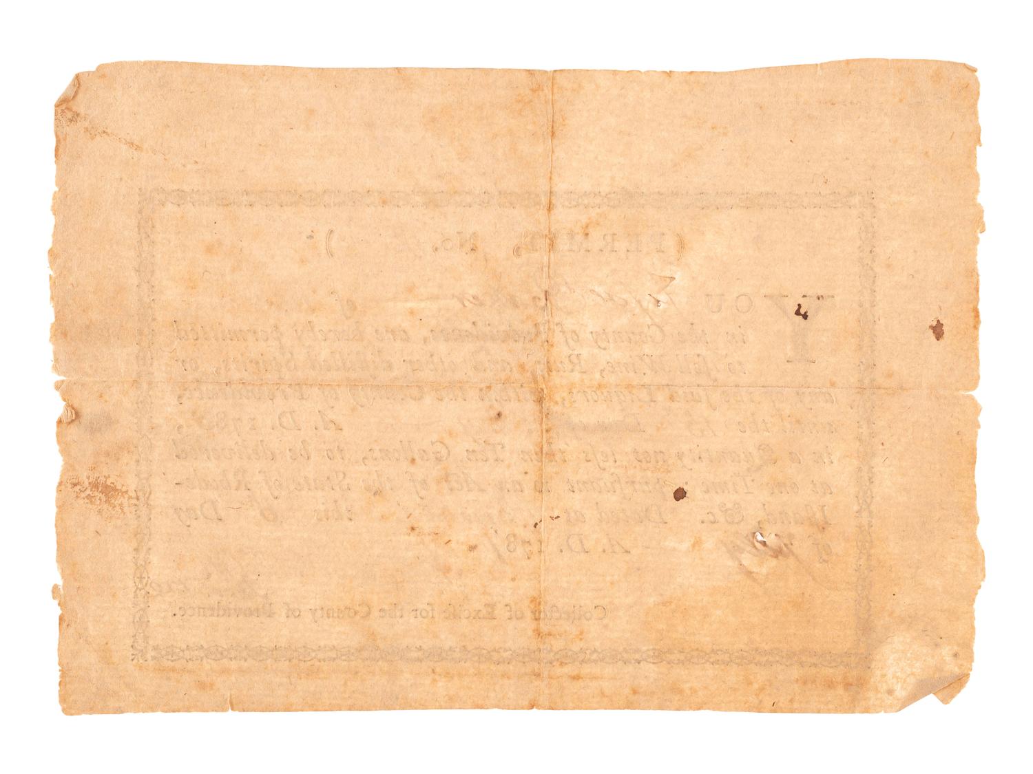 [RHODE ISLAND]. Partly-printed liquor permit. Bristol County, 26 July 1787. [ With :] Clipped signatures of Governor Josias LYNDON and Senator William HUNTER.