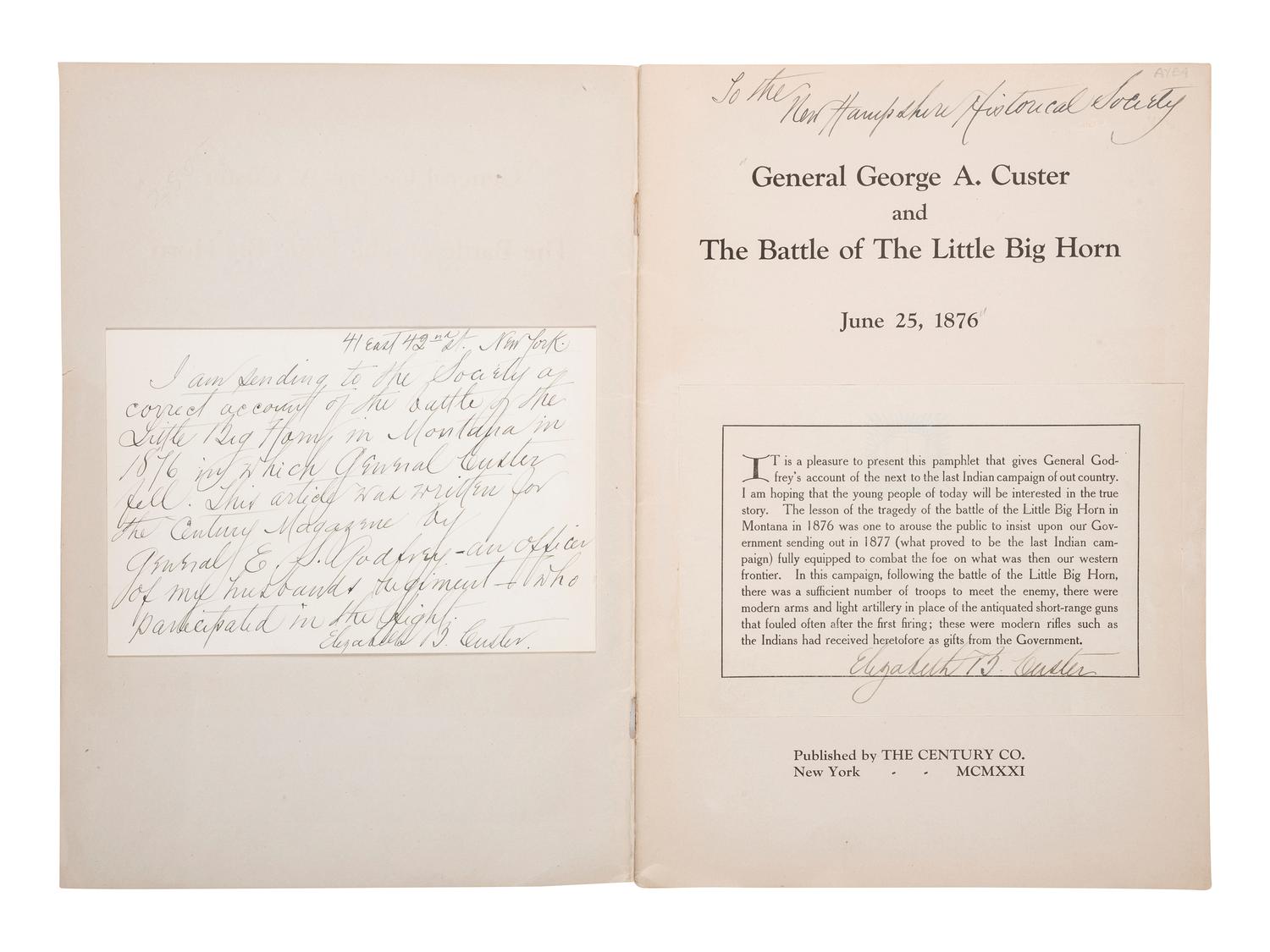 [CUSTER, Elizabeth (1842-1933)]. -- [GODFREY, Edward Settle (1843-1932)]. General George A. Custer and the Battle of the Little Bighorn. New York: The Century Co., 1921.