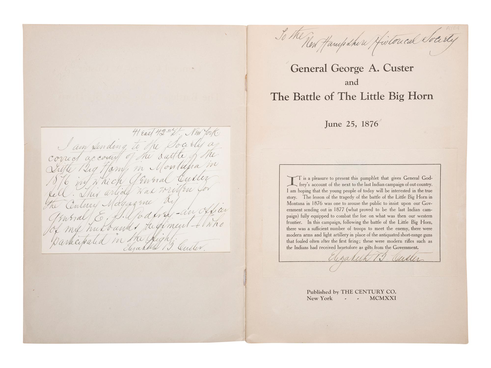 [CUSTER, Elizabeth (1842-1933)]. -- [GODFREY, Edward Settle (1843-1932)]. General George A. Custer and the Battle of the Little Bighorn. New York: The Century Co., 1921.