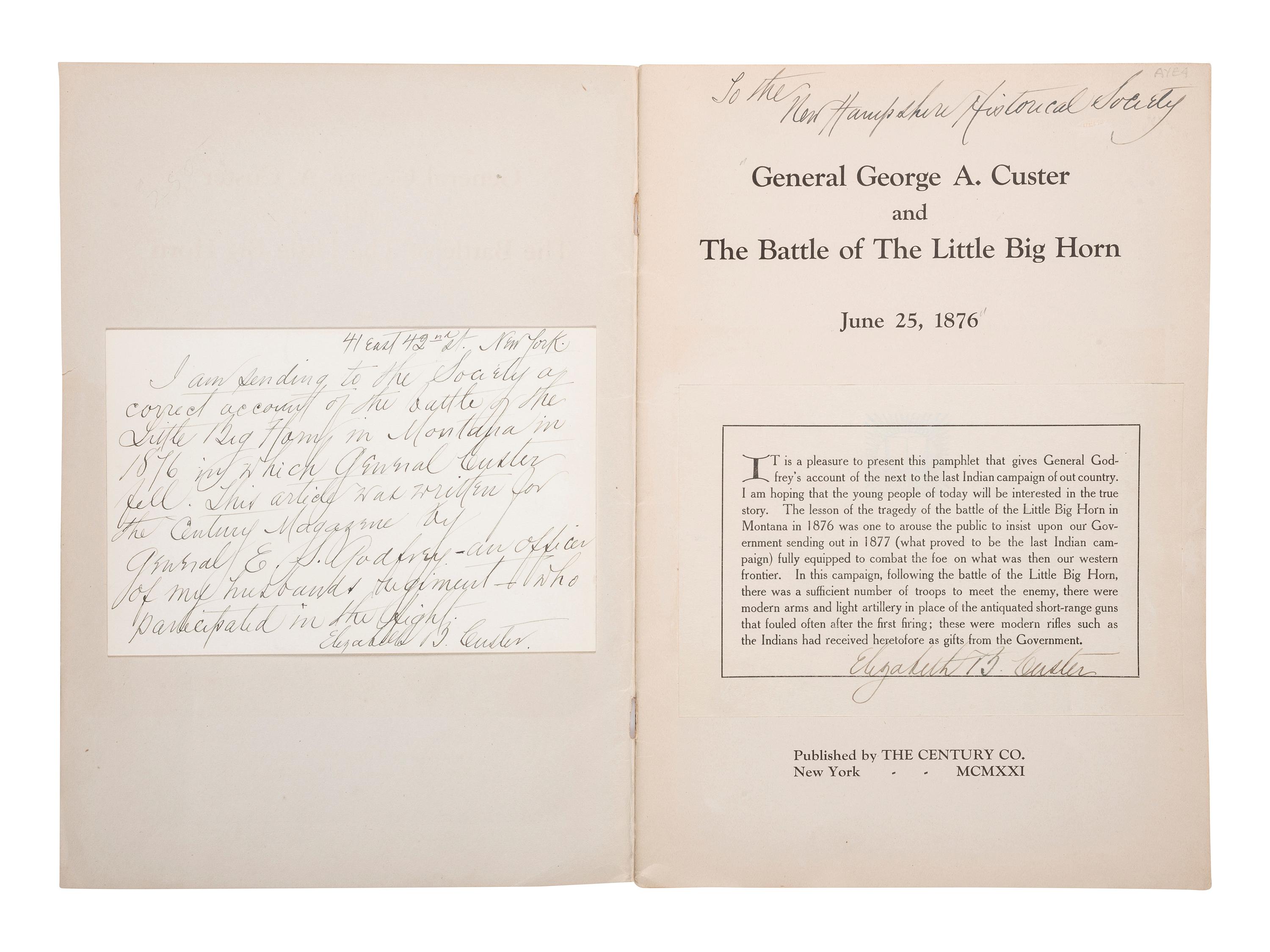 [CUSTER, Elizabeth (1842-1933)]. -- [GODFREY, Edward Settle (1843-1932)]. General George A. Custer and the Battle of the Little Bighorn. New York: The Century Co., 1921.