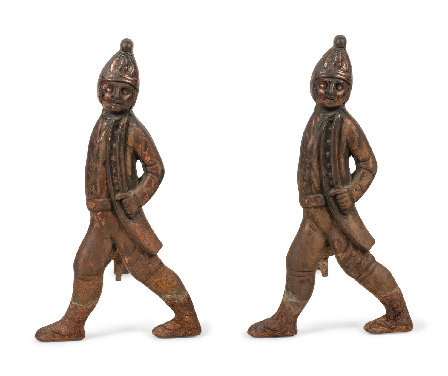 A Pair of Iron Andirons with Hessian Soldiers