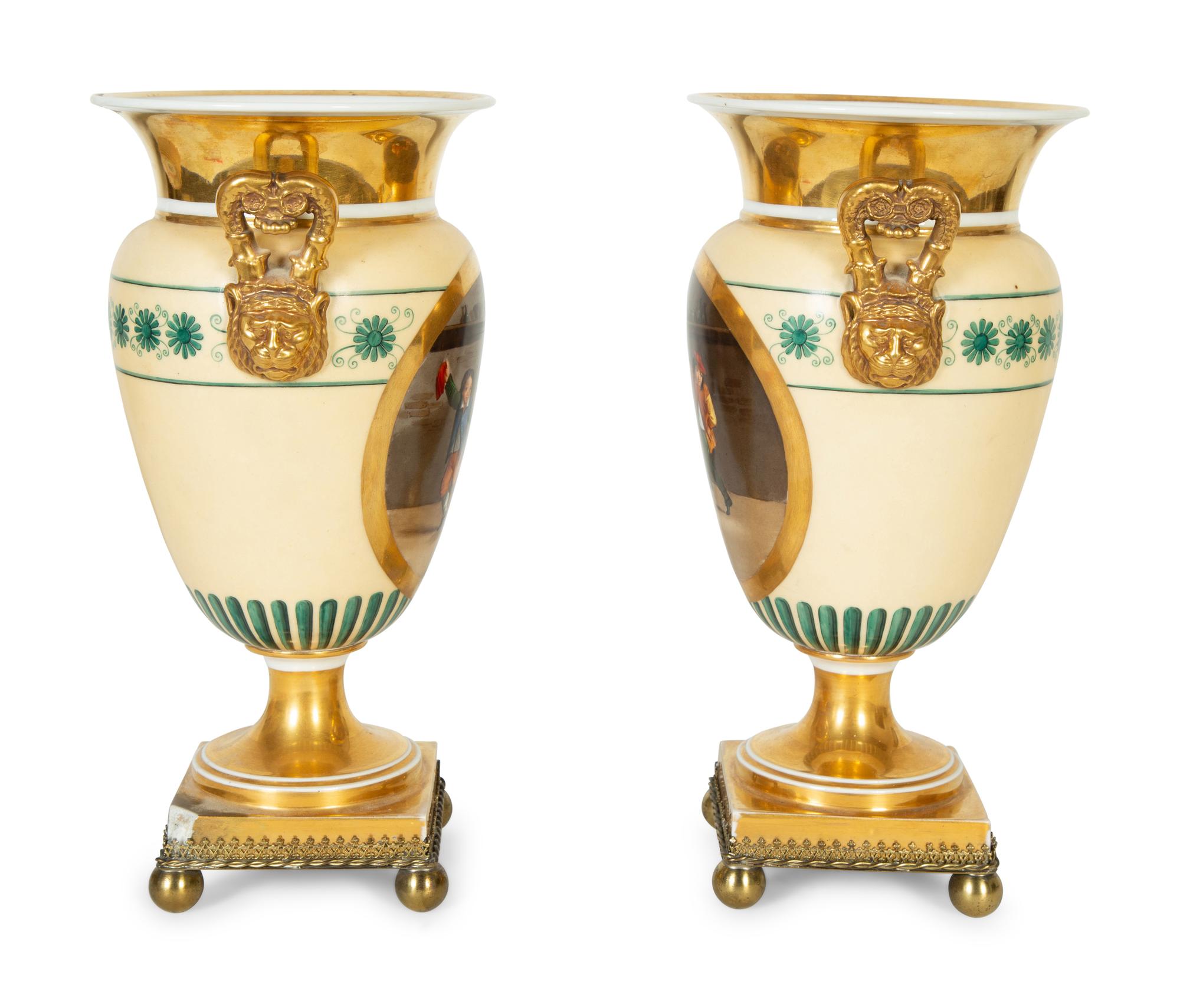 A Pair of Continental Painted Porcelain Urns