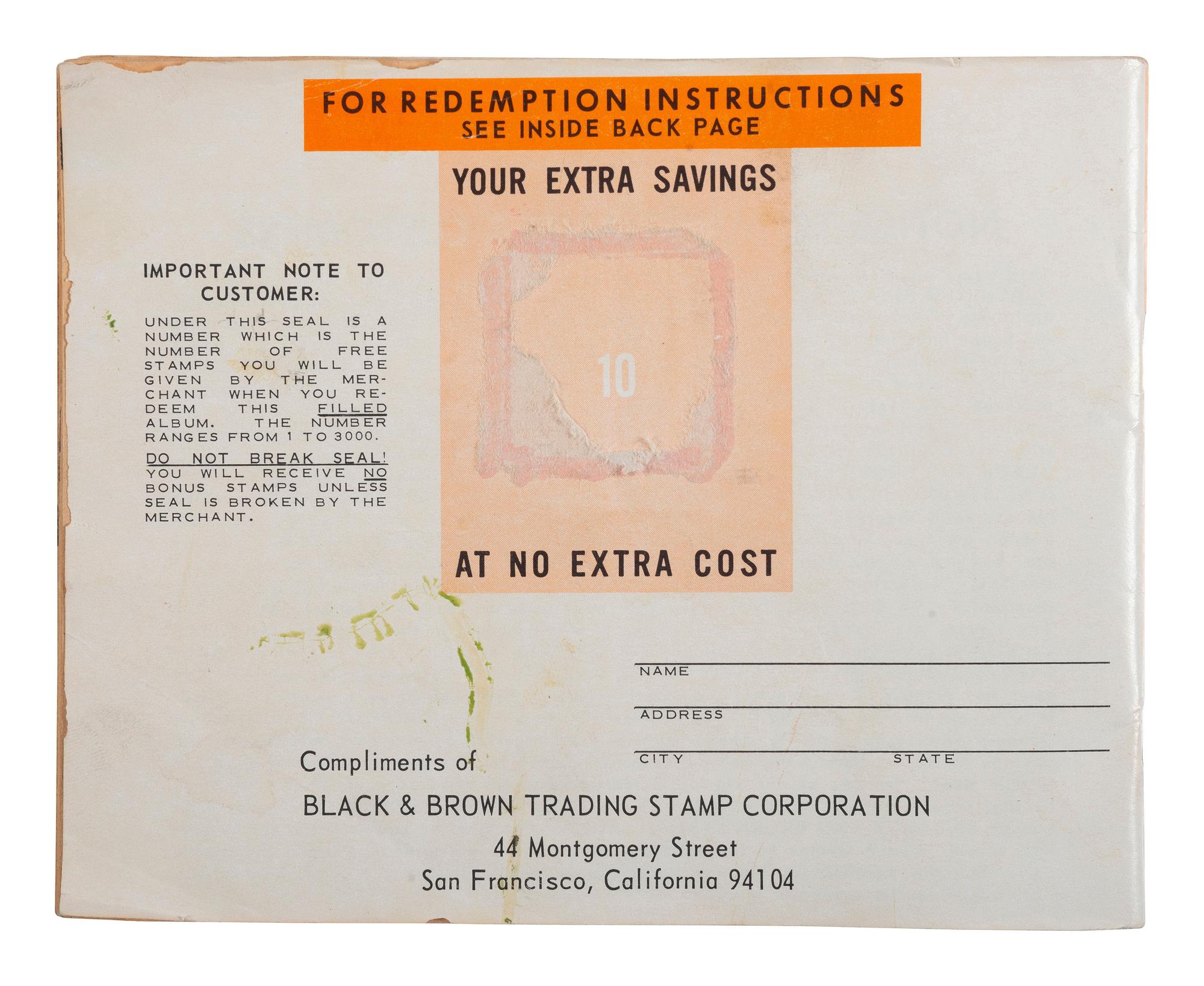 [BUSINESS - MUSIC]. Black and Brown Stamp Album . San Francisco, CA: Black & Brown Trading Stamp Corporation, [1969]. Promoting black-owned businesses.