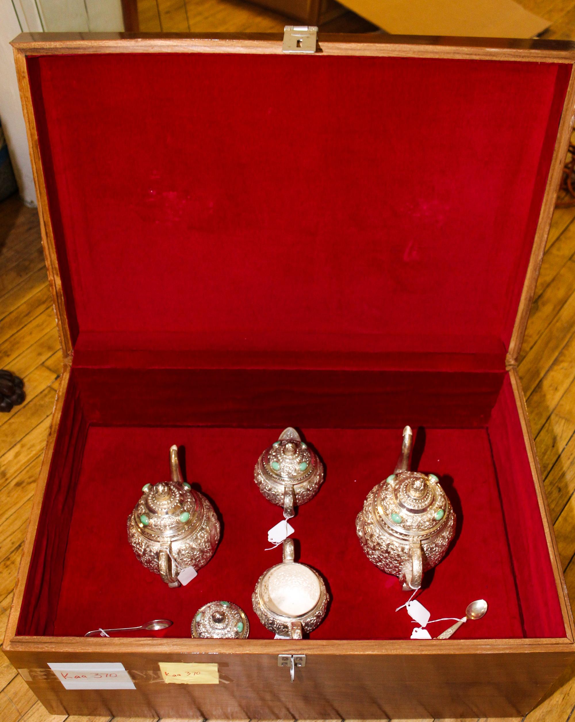A Hardstone Mounted Silvered Metal Tea Service Height of tallest 9 1/2 inches.