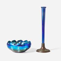 Tiffany Studios (American, active 1878-1932) A Blue Favrile Glass Bowl and Trumpet Vase, New York, NY, early 20th century
