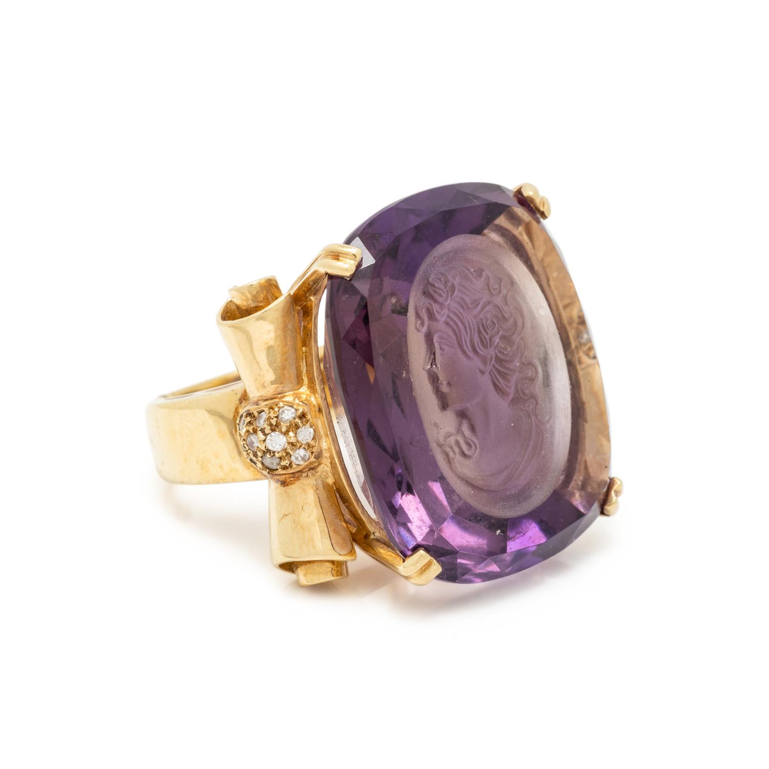 YELLOW GOLD, INTAGLIO AMETHYST, AND DIAMOND NECKLACE AND RING