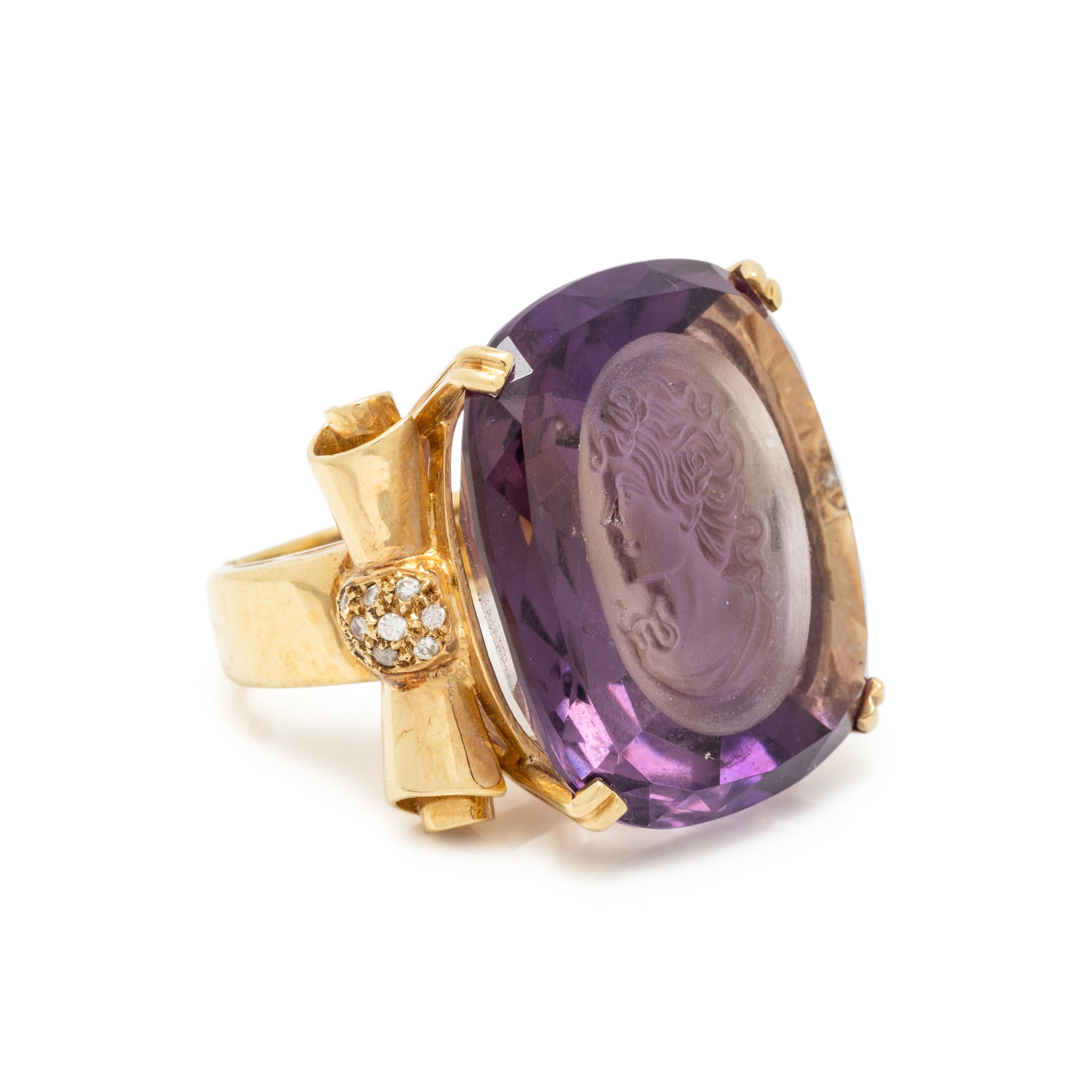 YELLOW GOLD, INTAGLIO AMETHYST, AND DIAMOND NECKLACE AND RING