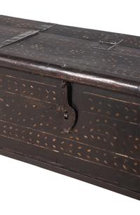 A Syrian Iron Mounted and Bone Inlaid Trunk on a Later Stand