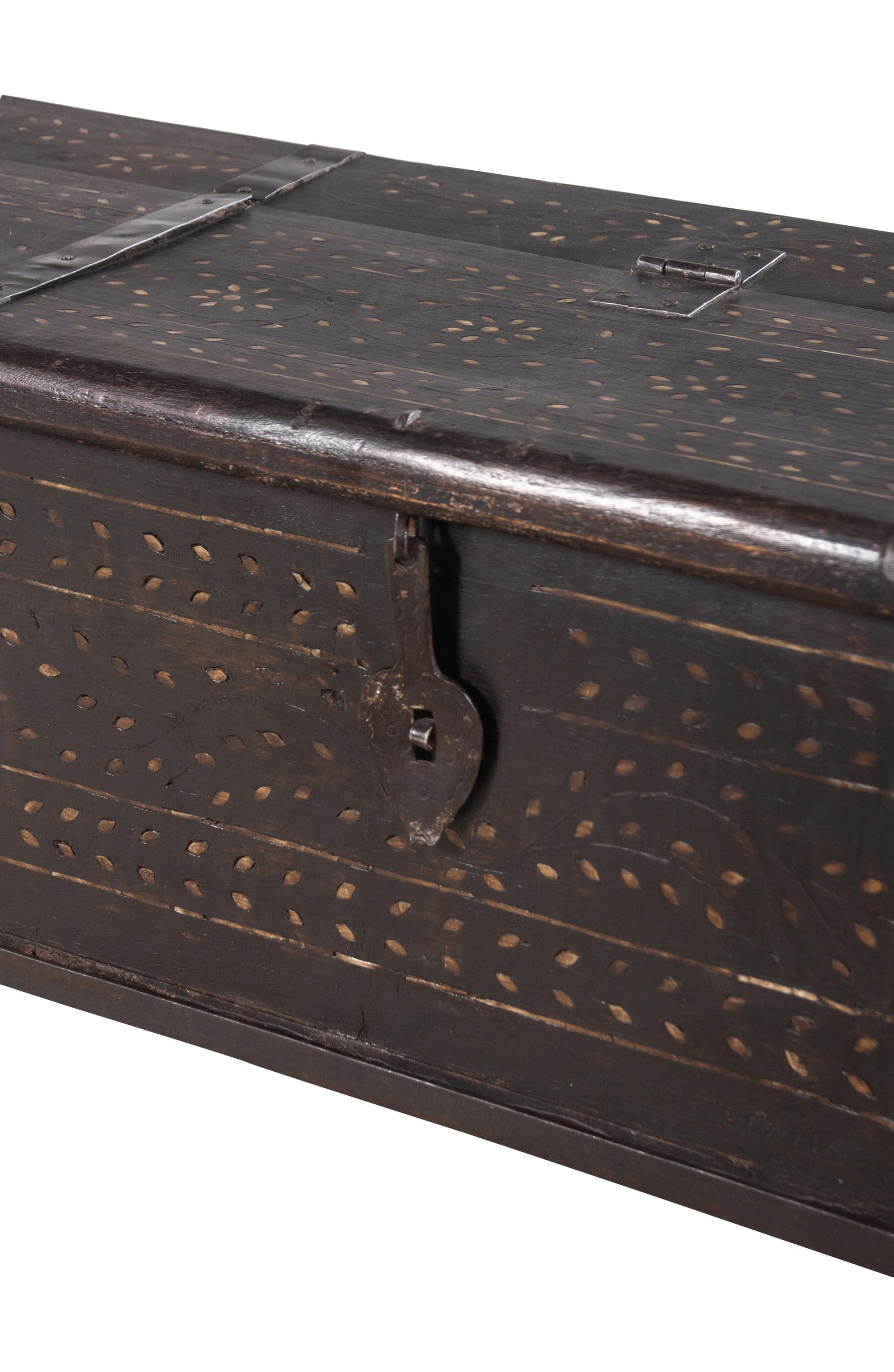 A Syrian Iron Mounted and Bone Inlaid Trunk on a Later Stand