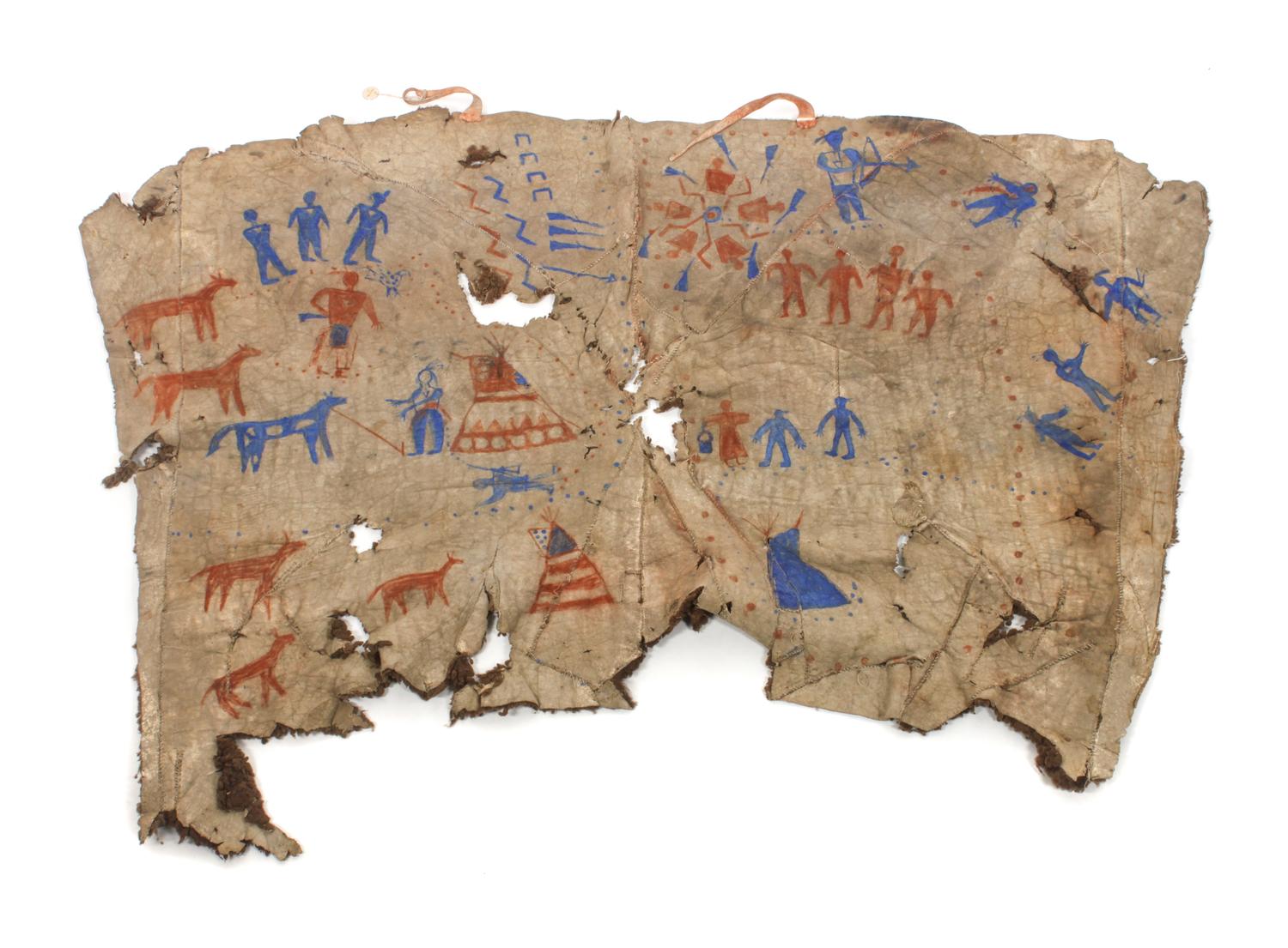 Two Plains Indian Style Paintings on Hide Larger: 62 x 38 inches.