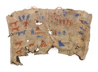 Two Plains Indian Style Paintings on Hide Larger: 62 x 38 inches.