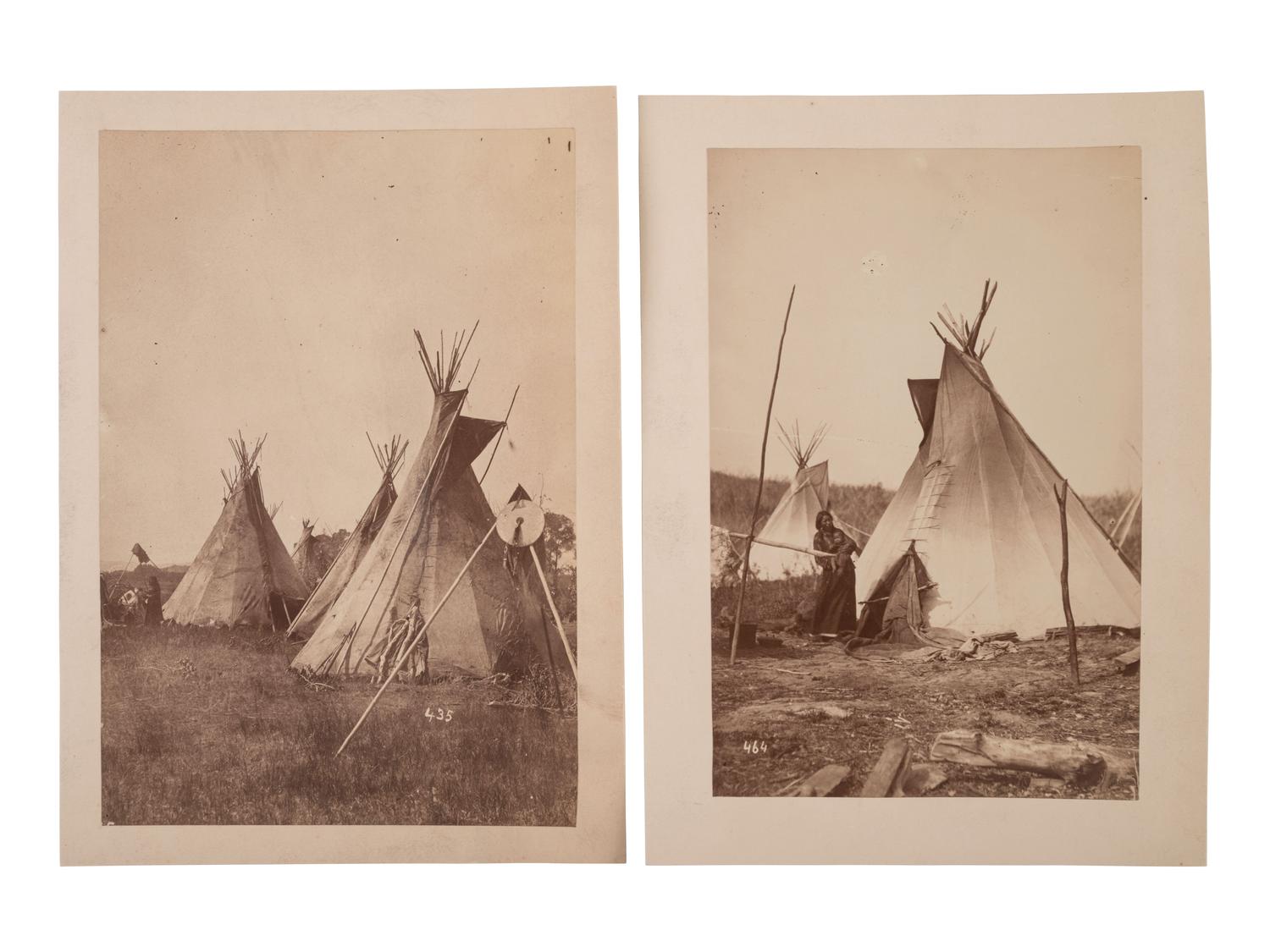 [JACKSON, William Henry (1843-1942), photographer]. Two photographs of Indian encampments, one with scalp on shield in the foreground. Ca early 1870s.