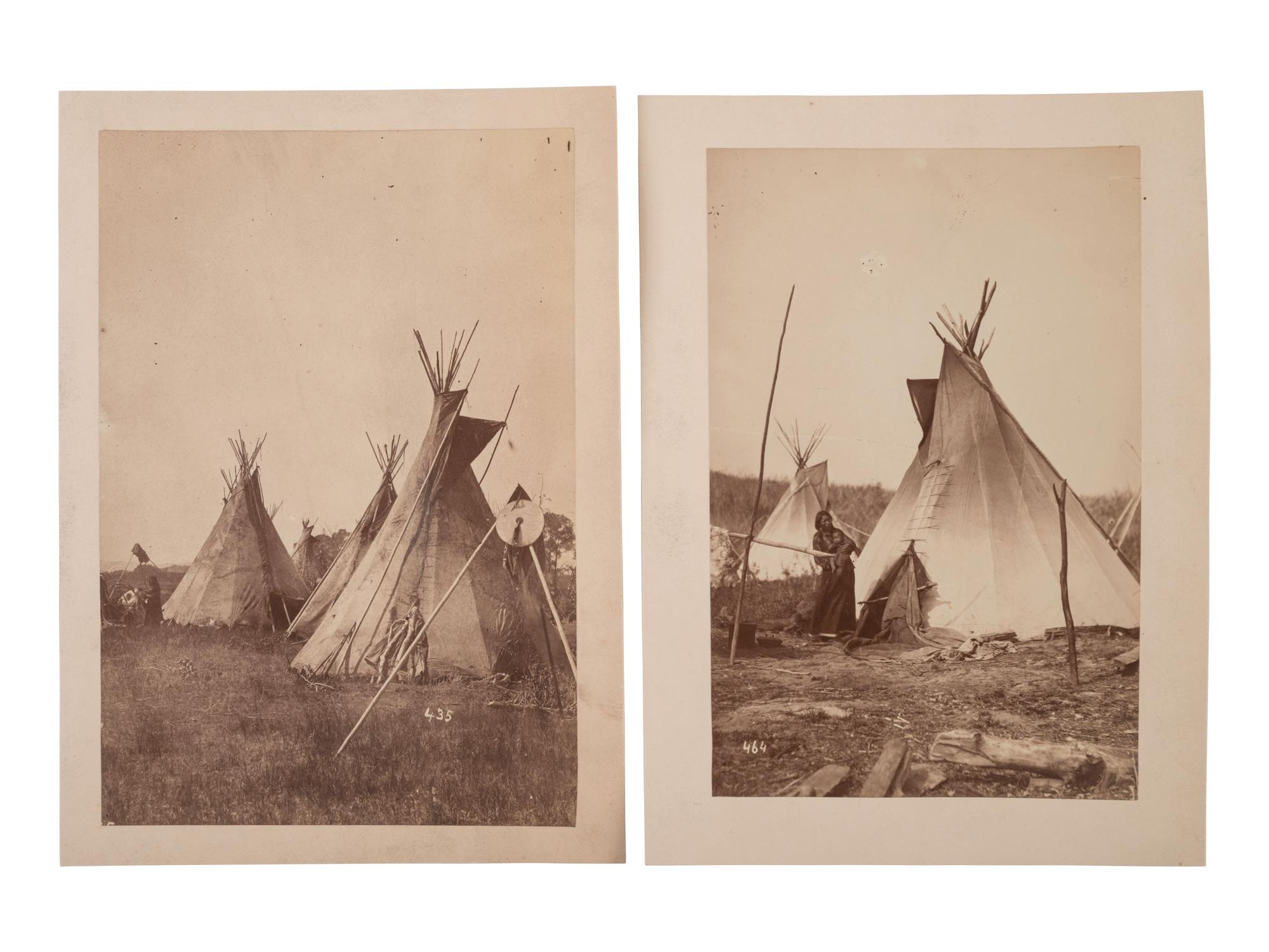 [JACKSON, William Henry (1843-1942), photographer]. Two photographs of Indian encampments, one with scalp on shield in the foreground. Ca early 1870s.