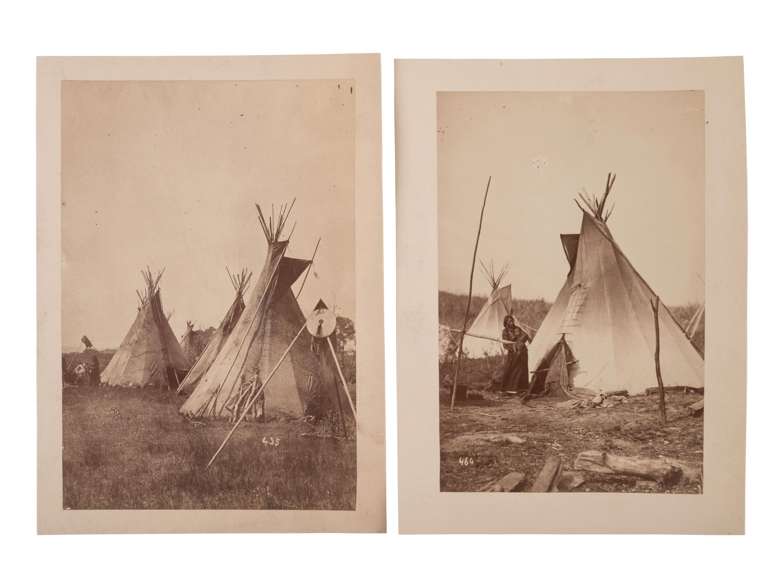 [JACKSON, William Henry (1843-1942), photographer]. Two photographs of Indian encampments, one with scalp on shield in the foreground. Ca early 1870s.