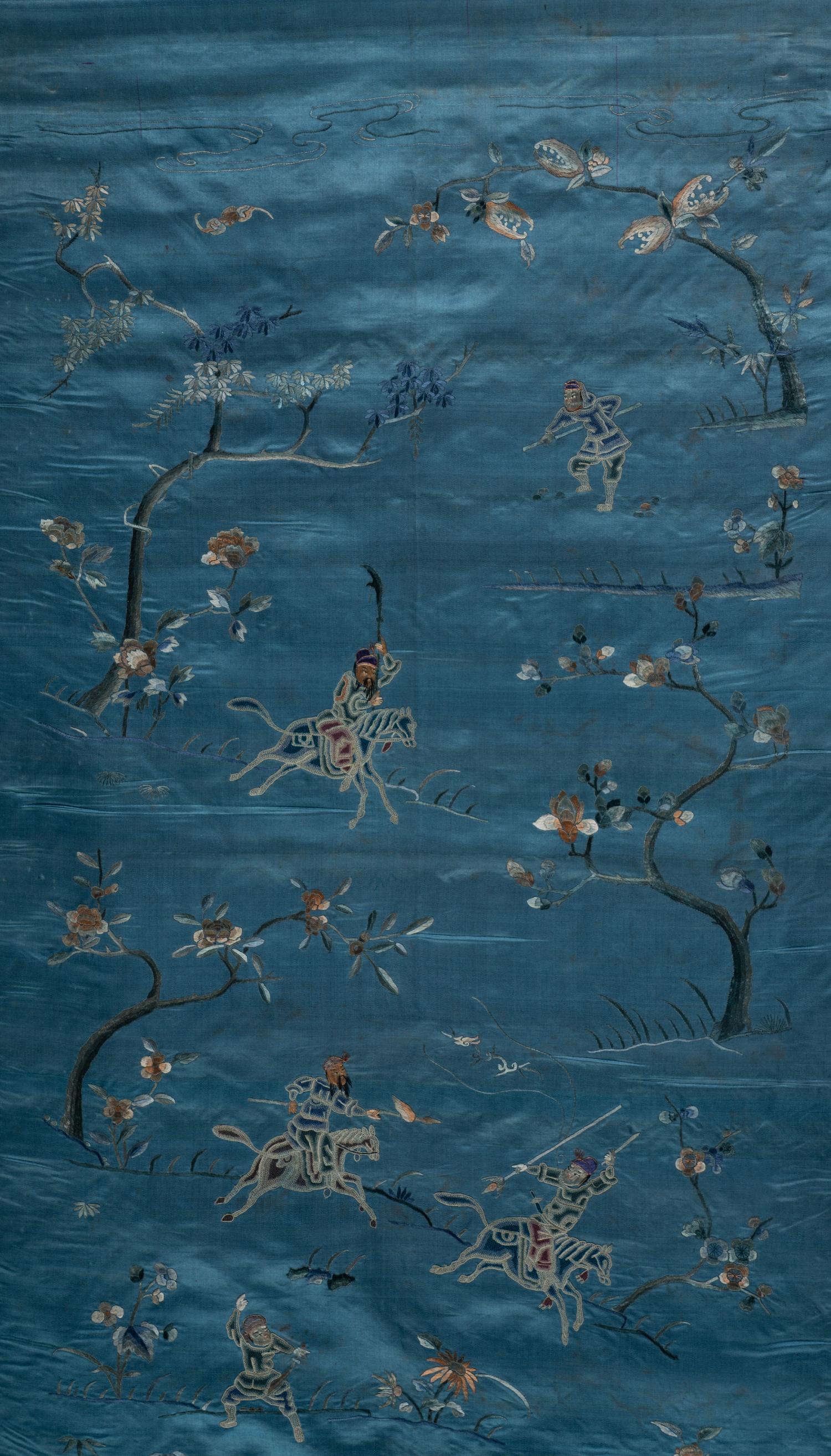 Two Chinese Blue Embroidered Silk Hanging Panels