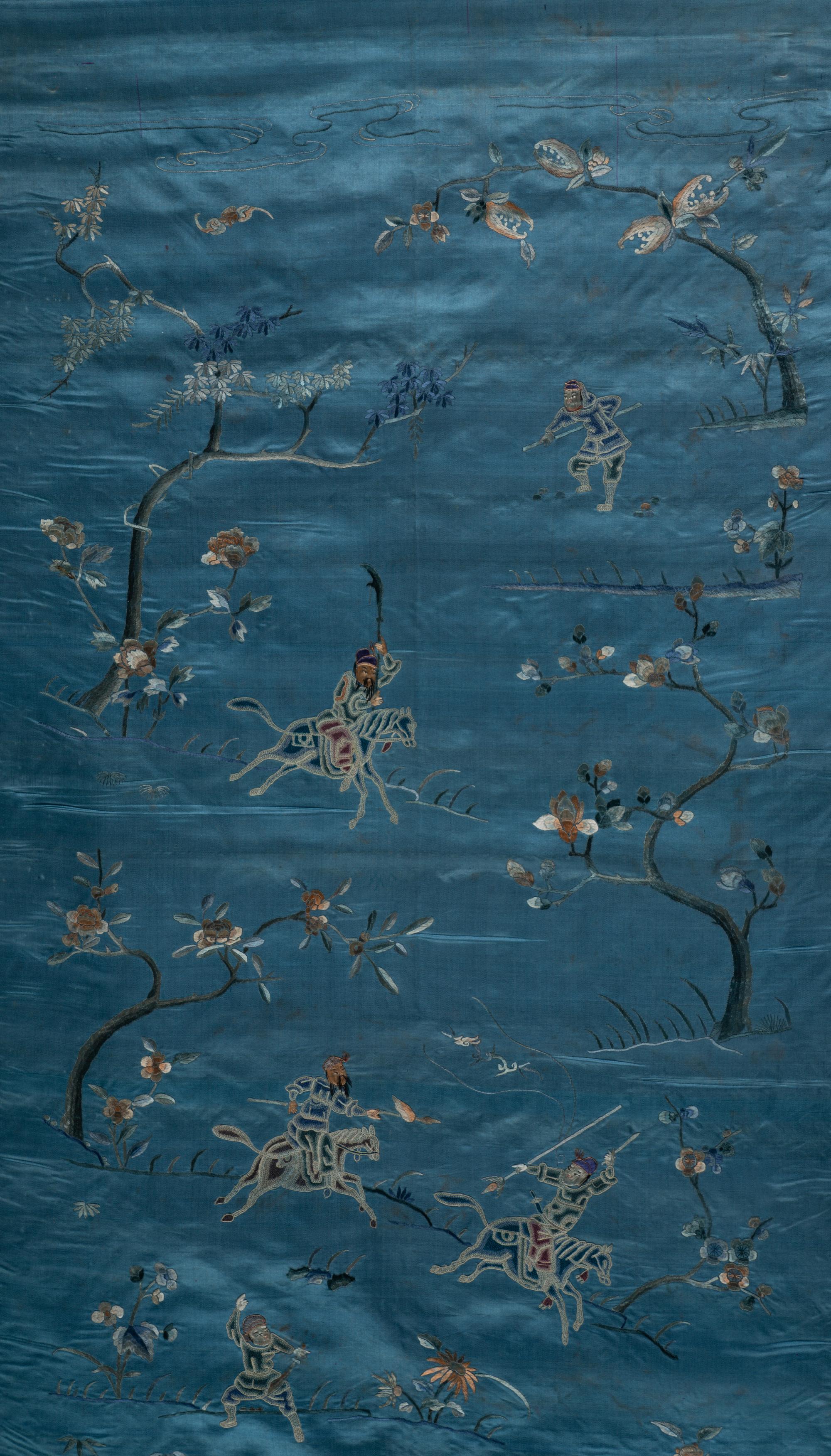 Two Chinese Blue Embroidered Silk Hanging Panels