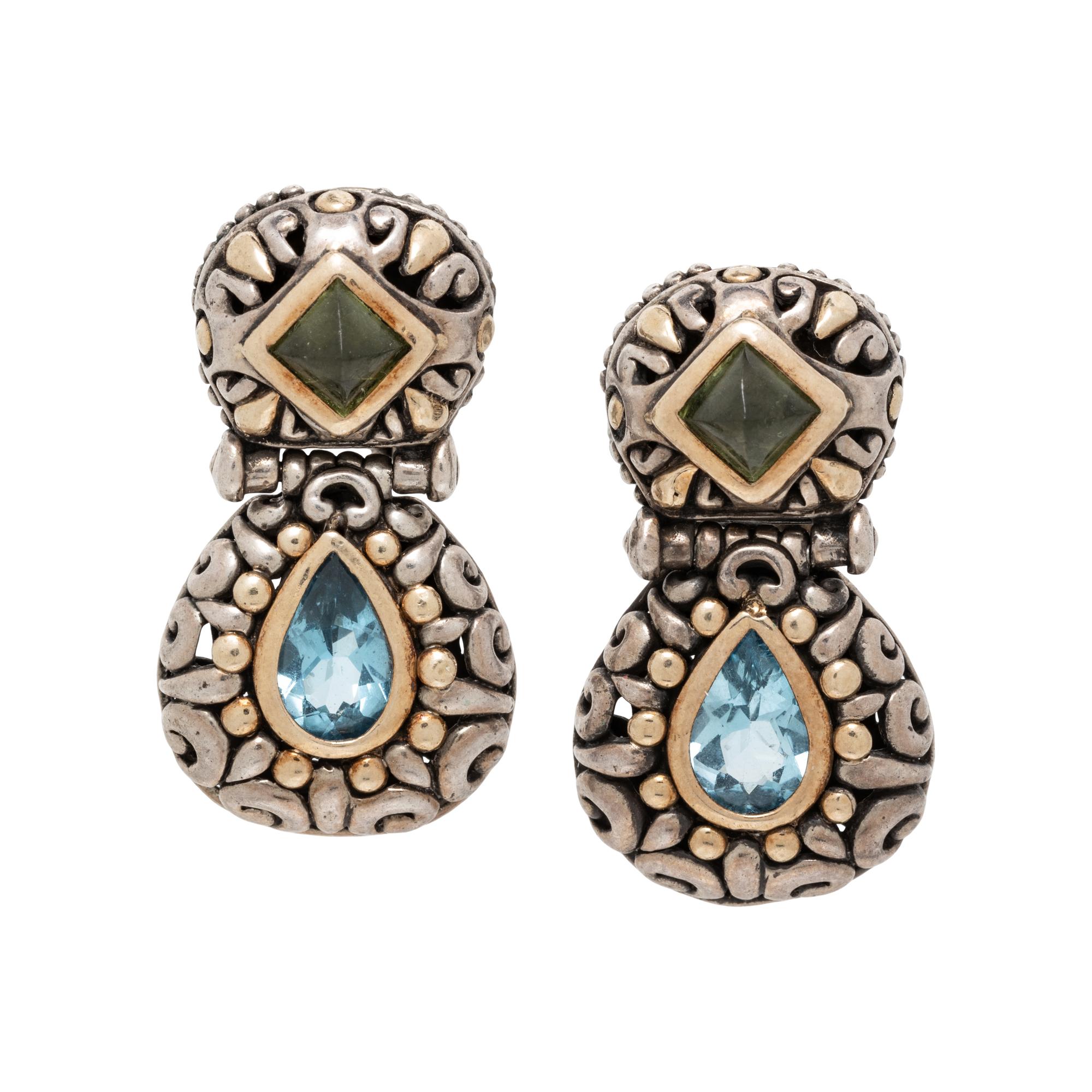 JOHN HARDY, STERLING SILVER, YELLOW GOLD, BLUE TOPAZ, AND PERIDOT EARRINGS