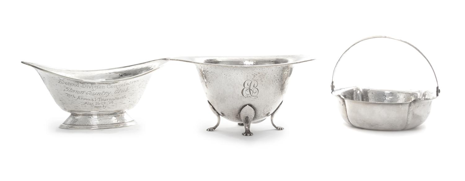 Two American Silver Small Bowls and a Basket, Various Makers, each having a spot-hammered finish, the two bowls of oval form comprising