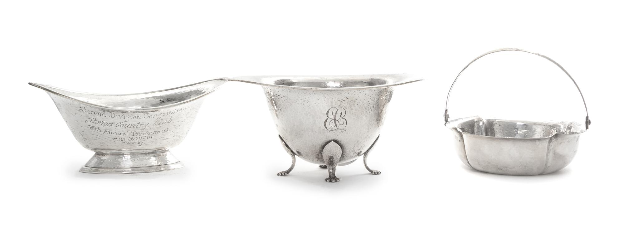 Two American Silver Small Bowls and a Basket, Various Makers, each having a spot-hammered finish, the two bowls of oval form comprising