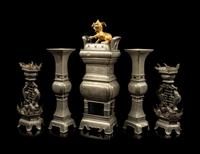 A Chinese Pewter Five-Piece Altar Set