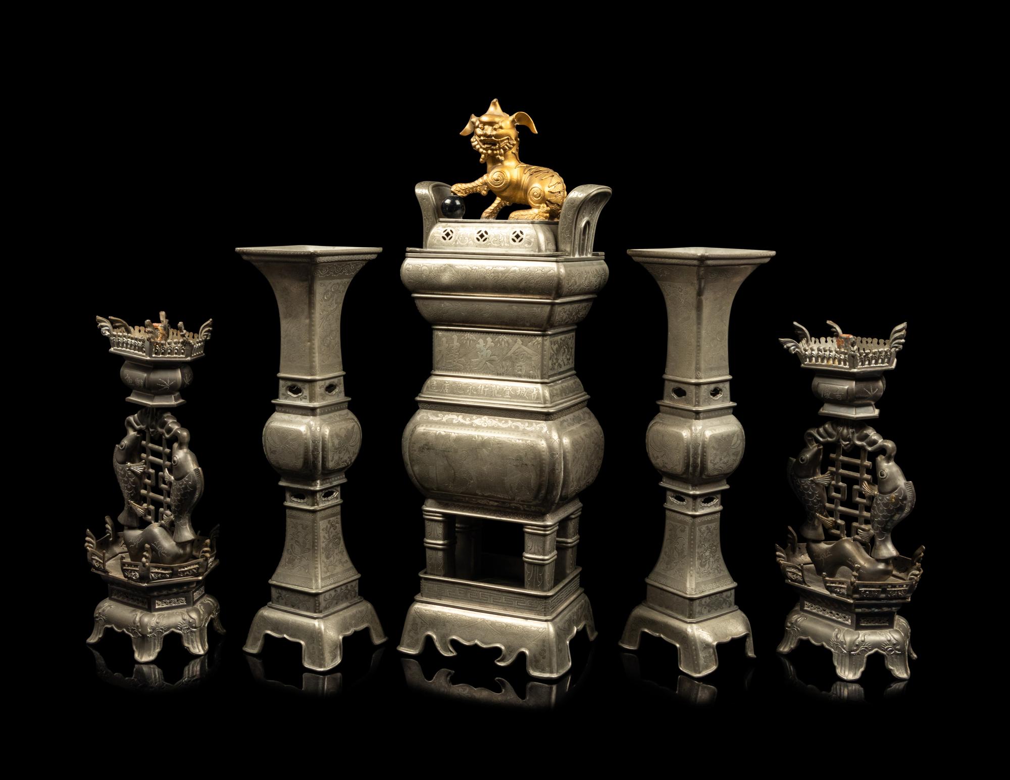 A Chinese Pewter Five-Piece Altar Set