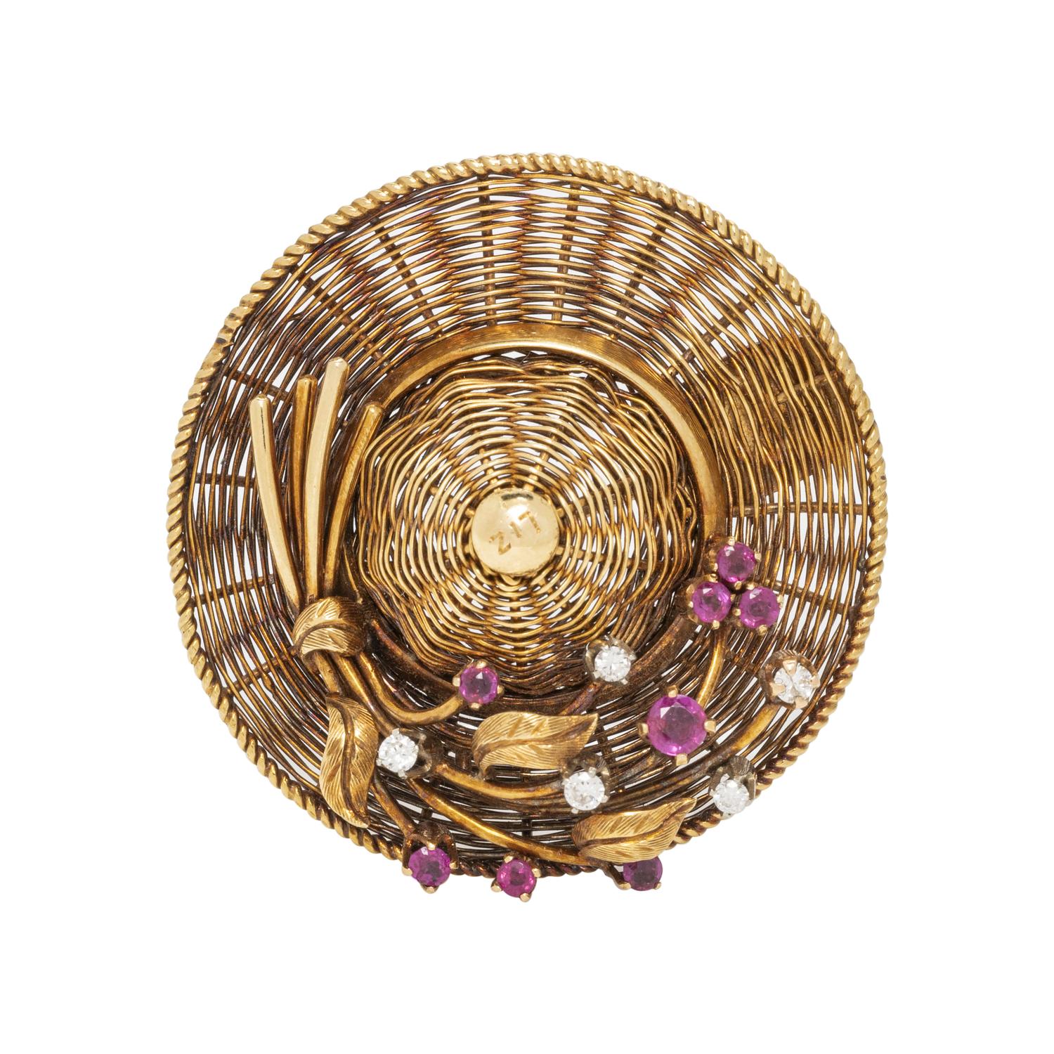 TIFFANY & CO. YELLOW GOLD, RUBY AND DIAMOND HAT BROOCH
