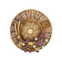 TIFFANY & CO. YELLOW GOLD, RUBY AND DIAMOND HAT BROOCH