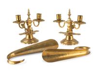 A Pair of Brass Two-Light Candelabra, a Pair of Shoe Horns and Other Brass Articles