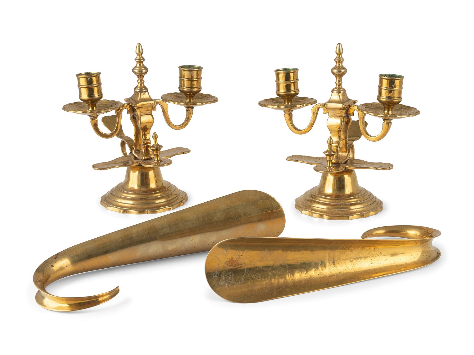 A Pair of Brass Two-Light Candelabra, a Pair of Shoe Horns and Other Brass Articles