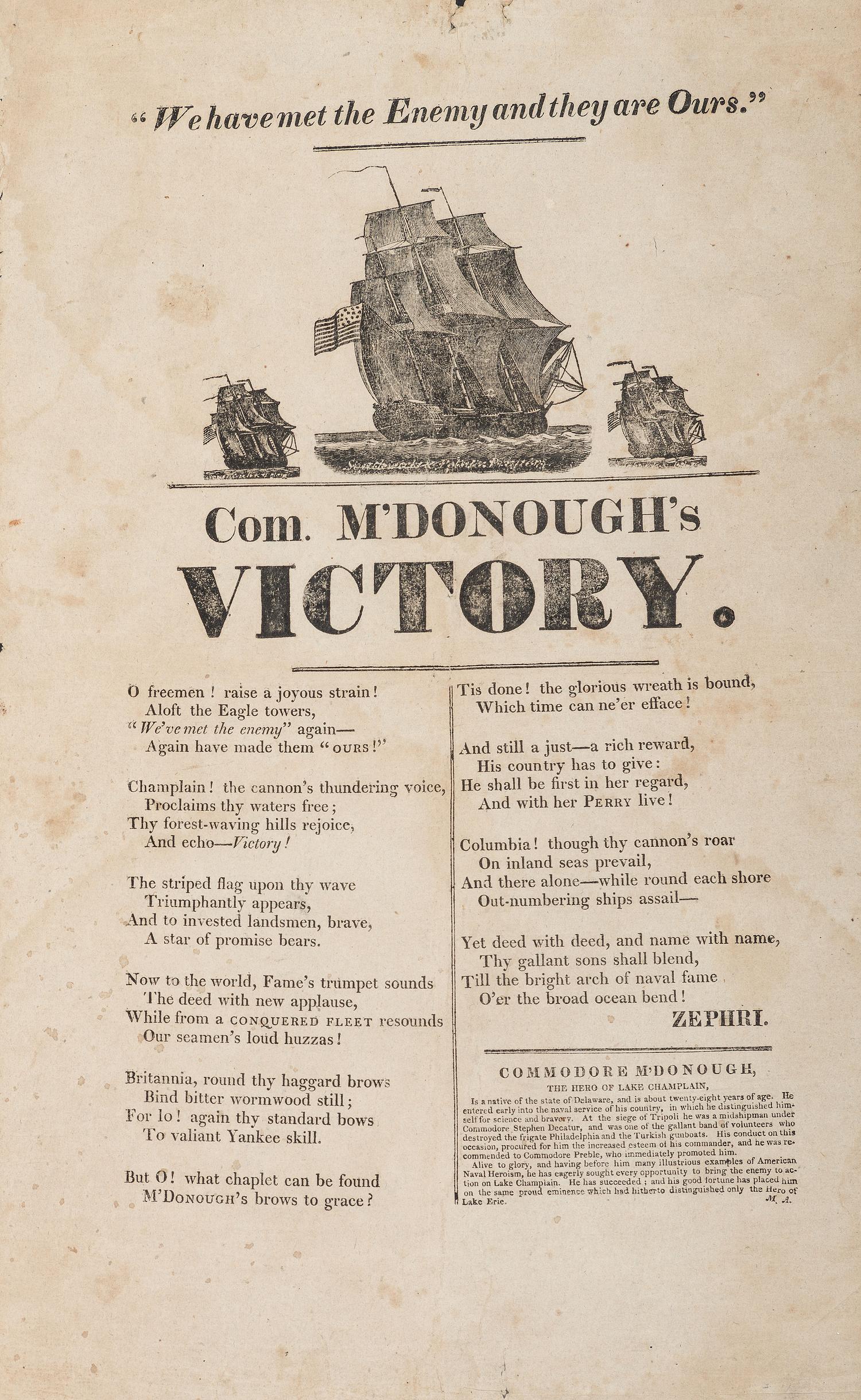 [WAR OF 1812]. " We have met the Enemy and they are Ours." Com. M'Donough's Victory. N.p.: N.p., ca 1814.