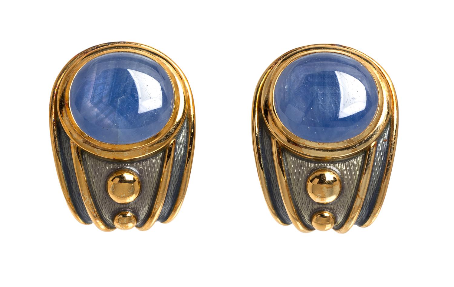 A Pair of 18 Karat Yellow Gold, Sapphire and Enamel Earclips, De Vroomen, 31.20 dwts.