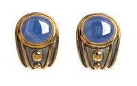 A Pair of 18 Karat Yellow Gold, Sapphire and Enamel Earclips, De Vroomen, 31.20 dwts.