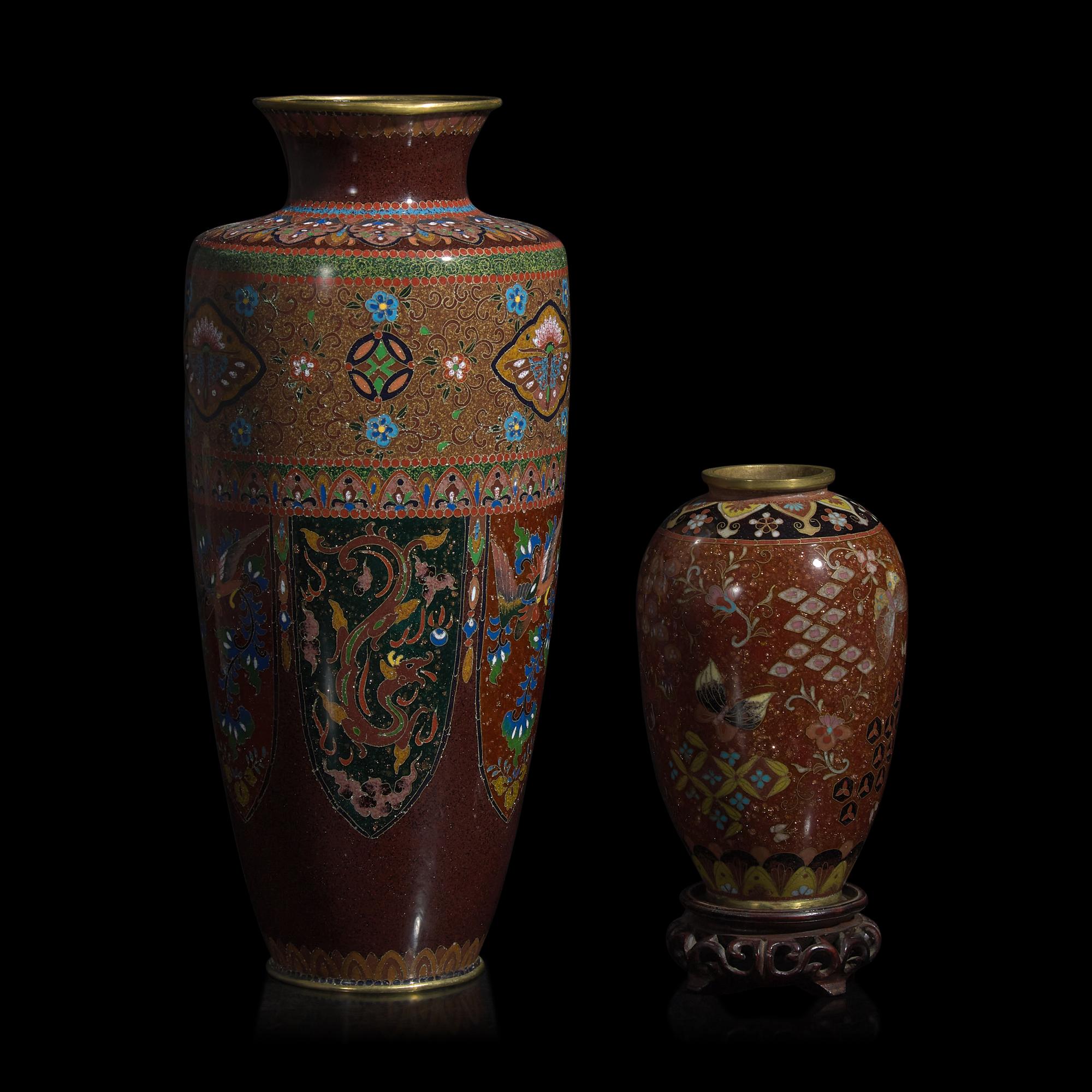 Two "Aventurine" Ground Japanese Goldstone Cloisonné Vases, Meiji Period