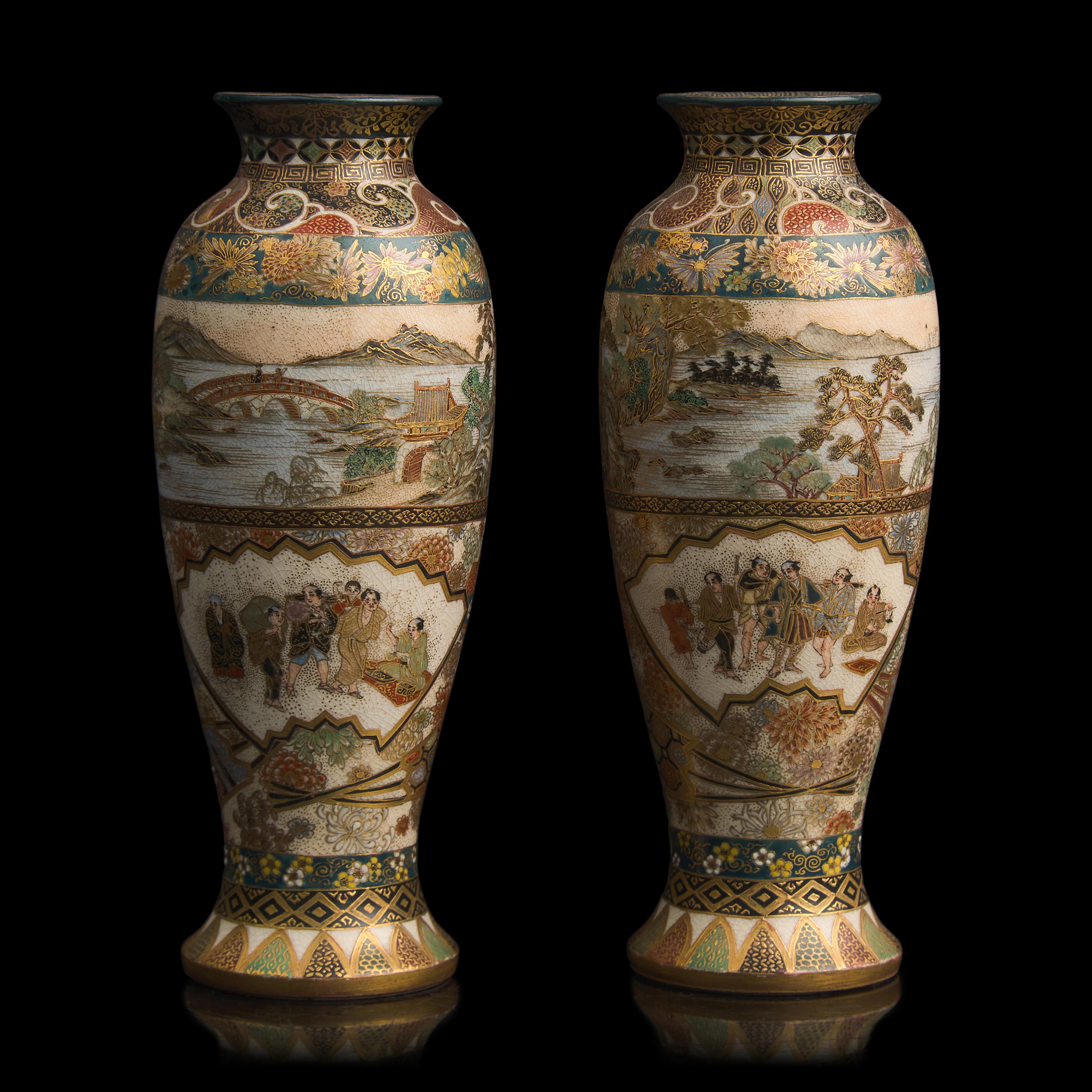 A Pair of Japanese Satsuma Type Cabinet Vases, Yozan, Meiji Period