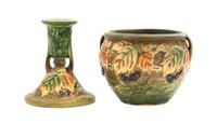 Two Roseville Blackberry Pottery Articles Height of first 4 1/2 inches, second 4 inches.