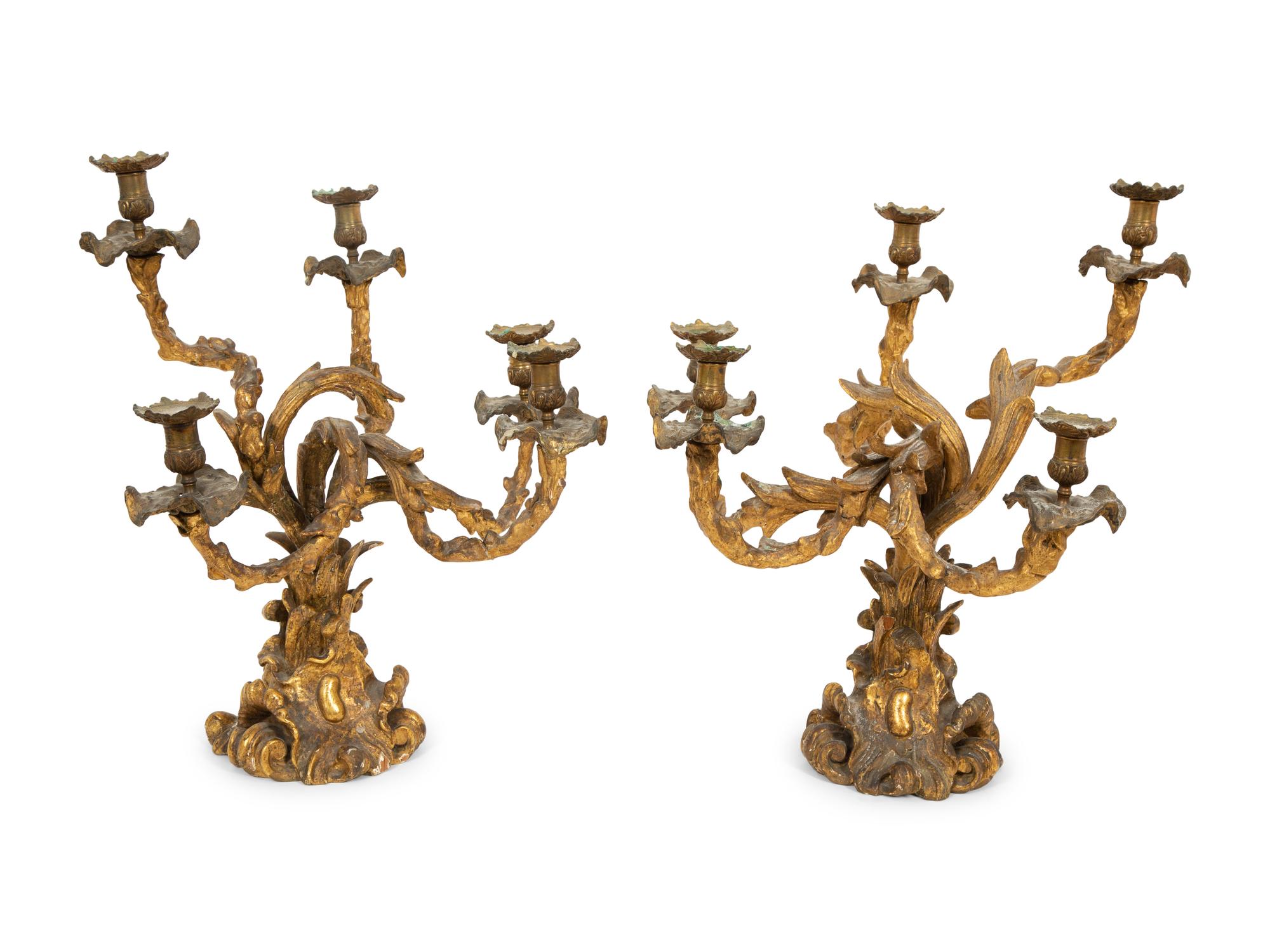 A Pair of Italian Carved Giltwood Five-Light Candelabra