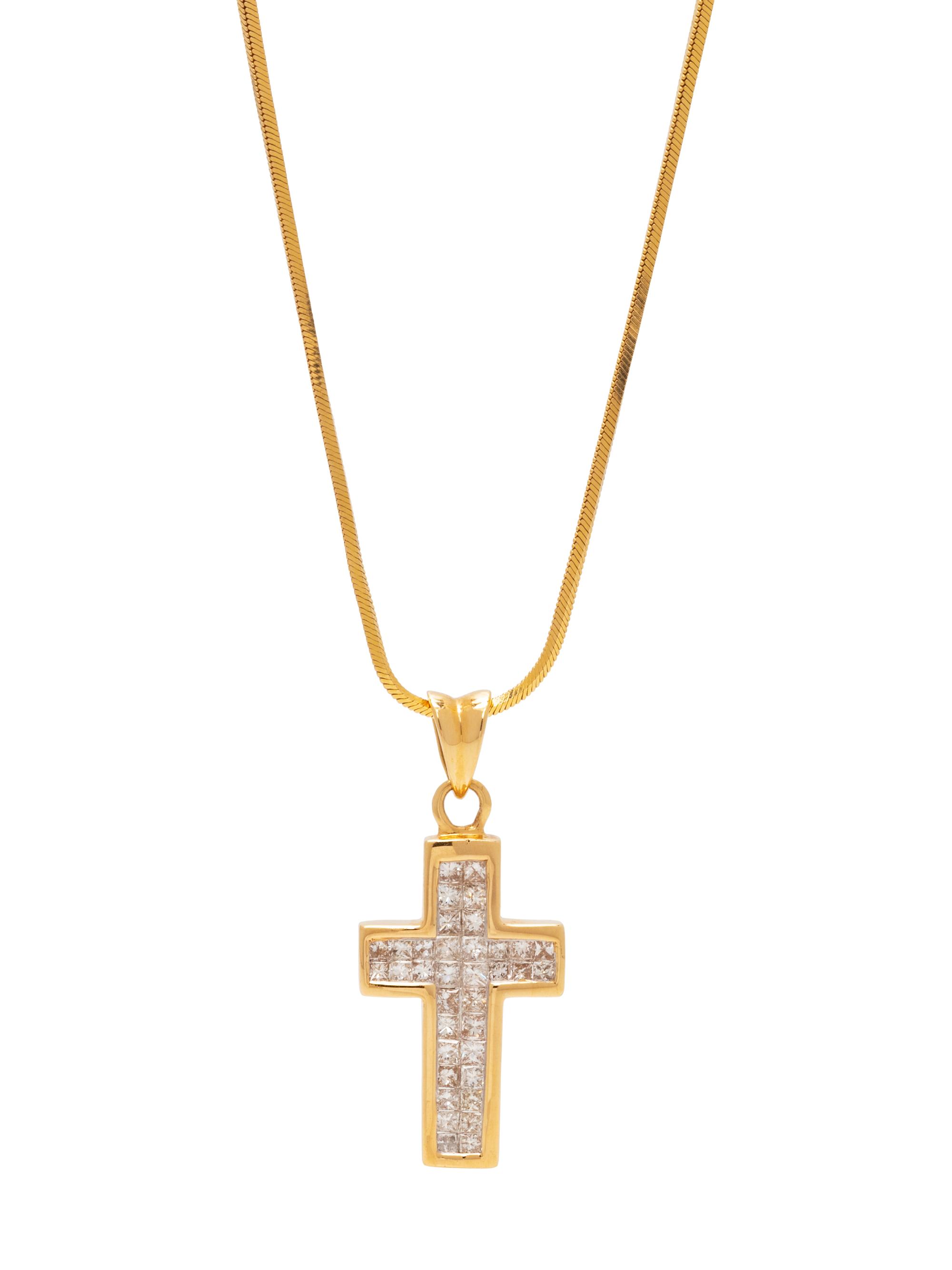 A 14 Karat Yellow Gold and Diamond Cross Pendant/Necklace,