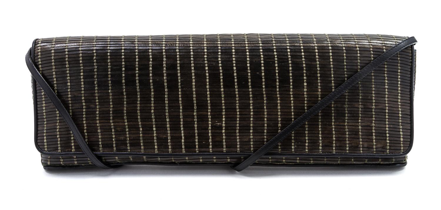 A Giorgio Armani Olive Green Leather Stitched Convertible Bag, 15 x 5 1/2 x 1 1/2 inches.