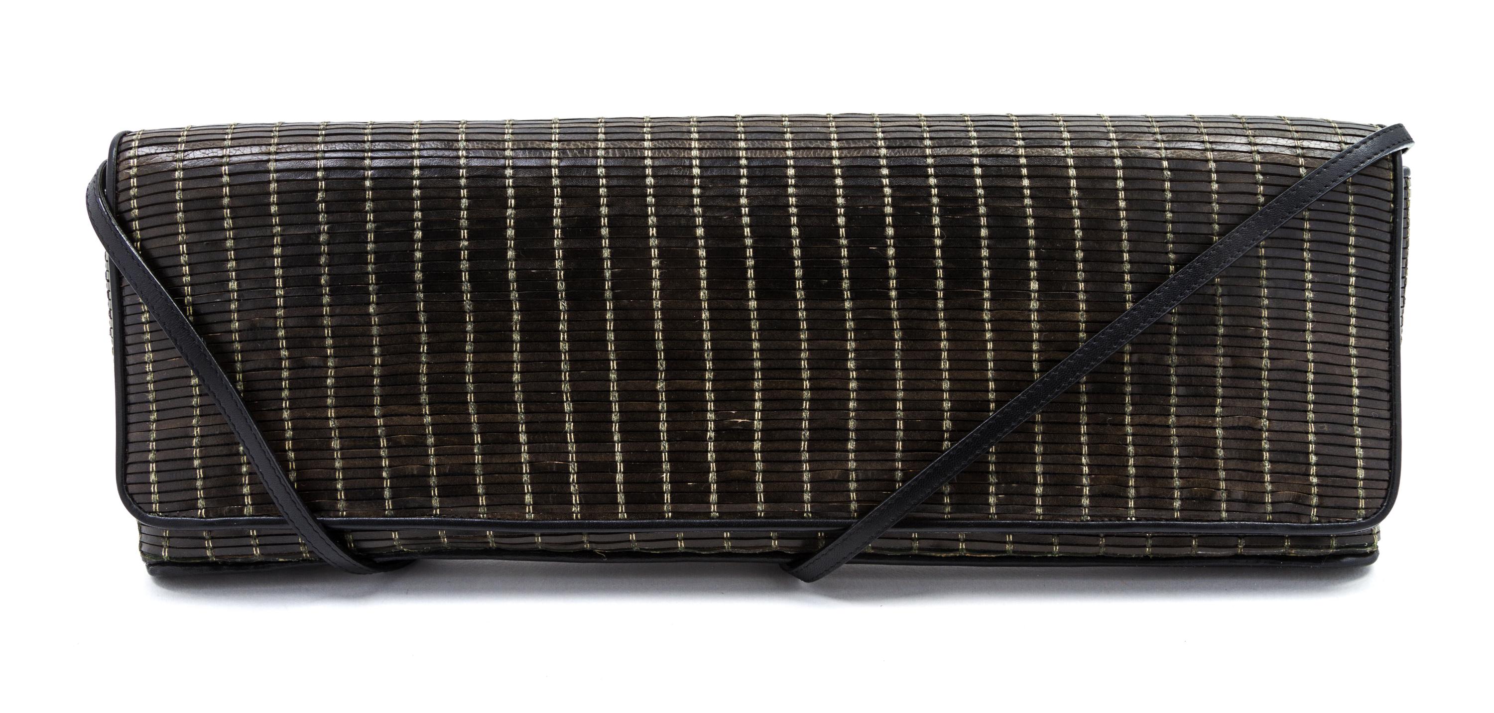 A Giorgio Armani Olive Green Leather Stitched Convertible Bag, 15 x 5 1/2 x 1 1/2 inches.