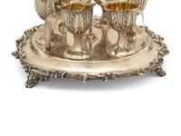 An English Silver Six-Egg Cruet and Footed Silver and Cobalt Glass Basket